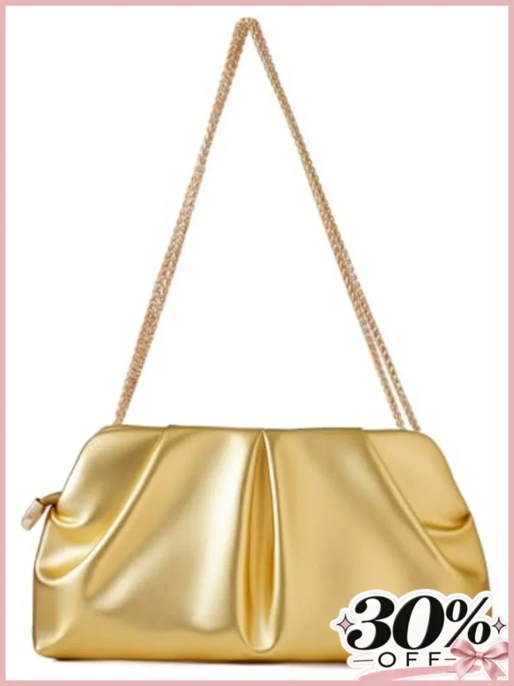 Ruched PU Leather Clutch Purse with Detachable Chain Crossbody Evening Bag